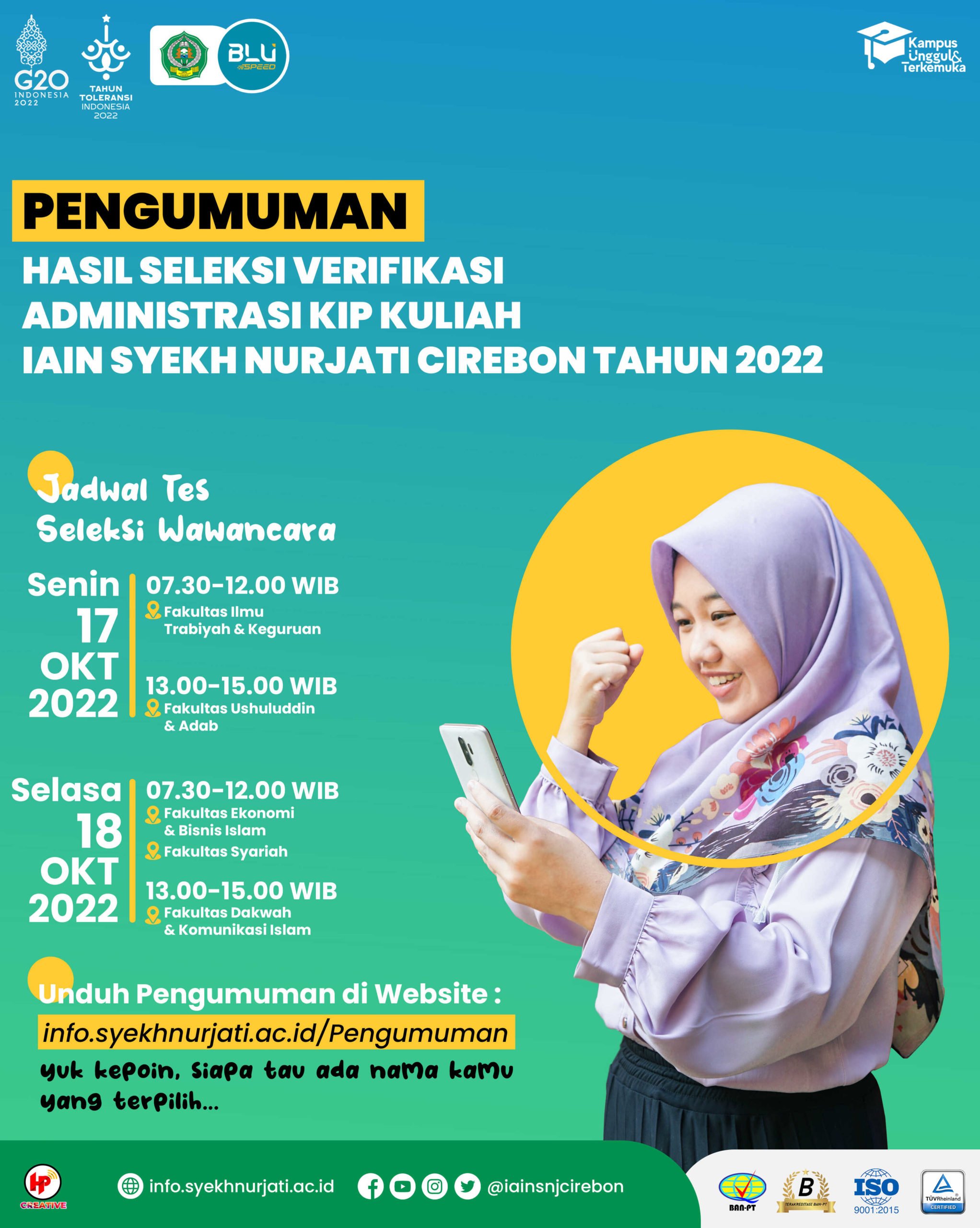 PENGUMUMAN HASIL SELEKSI VERIFIKASI ADMINISTRASI KIP KULIAH IAIN SYEKH NURJATI CIREBON TAHUN 2022