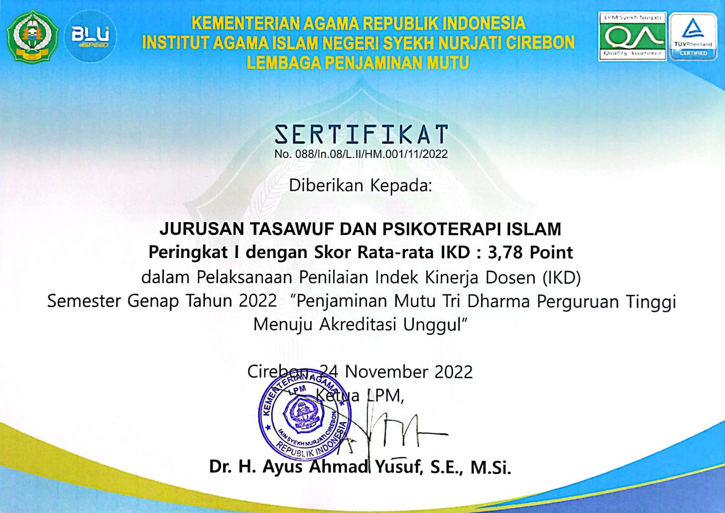 Sertifikat Penghargaan IKD Jurusan Tasawuf dan Psikoterpi